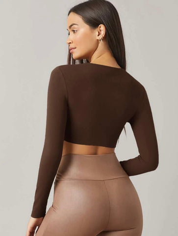 Teen Solid Brown Slim Fitted Crop Top