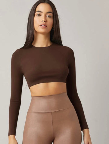Teen Solid Brown Slim Fitted Crop Top